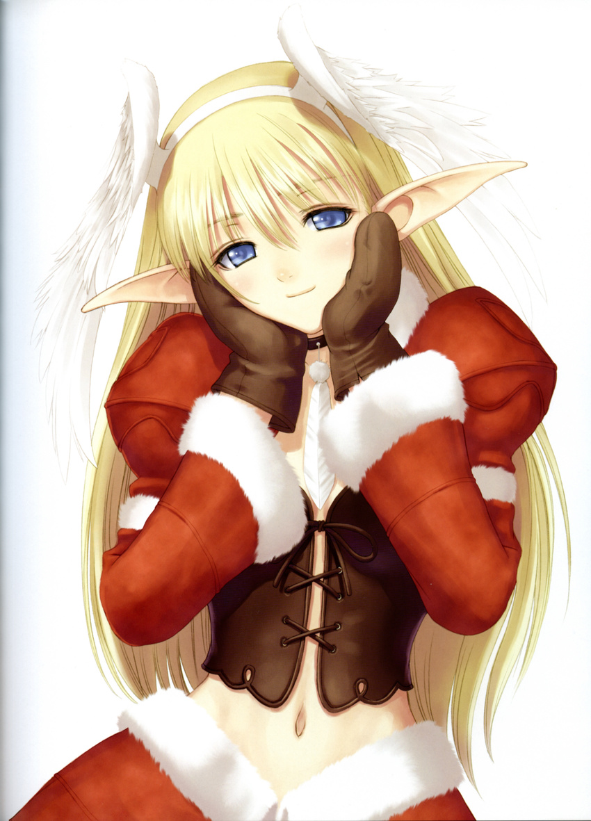 absurdres alternate_color bangs between_breasts blonde_hair blue_eyes blush breasts brown_choker brown_mittens brown_ribbon bustier choker christmas christmas_elf cleavage closed_mouth crop_top cropped_jacket cross-laced_clothes dengeki_hime elf elwing_ra-nah_sylphith feathered_wings feathers fur-trimmed_jacket fur-trimmed_skirt fur_trim groin hairband hands_on_own_cheeks hands_on_own_face hands_up head_tilt head_wings highres hips jacket juliet_sleeves light_smile long_hair long_pointy_ears long_sleeves looking_at_viewer medium_breasts midriff navel no_bra official_art open_clothes open_jacket pointy_ears puffy_sleeves red_jacket red_skirt ribbon santa_costume scan shining_(series) shining_tears simple_background skirt smile solo standing straight_hair tanaka_takayuki upper_body white_background white_hairband white_wings wings