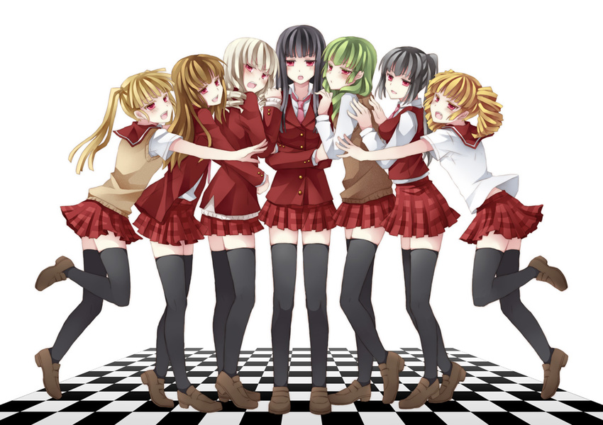 alternate_costume asmodeus bad_id bad_pixiv_id beelzebub belphegor black_hair black_legwear blonde_hair contemporary green_hair hug kotoko_(oxxxo) legs leviathan_(umineko) lucifer mammon multiple_girls necktie pink_neckwear satan school_uniform stakes_of_purgatory thighhighs umineko_no_naku_koro_ni