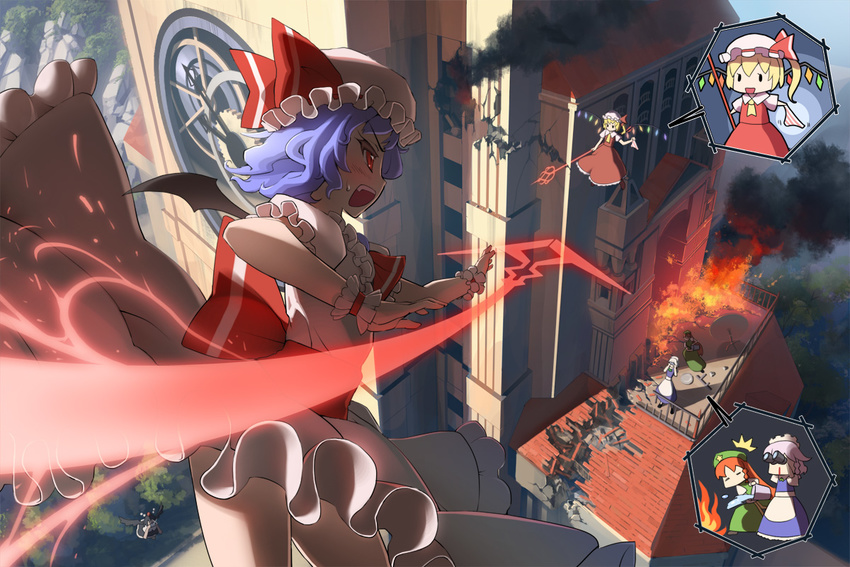 5girls :d bat_wings battle binoculars blonde_hair blood blue_hair braid china_dress chinese_clothes clothes_theft ddal dress female_pervert fire flandre_scarlet hat hong_meiling izayoi_sakuya laevatein long_hair multiple_girls no_panties nosebleed one_side_up open_mouth panties paparazzi pervert polearm red_eyes red_hair remilia_scarlet scarlet_devil_mansion shameimaru_aya short_hair silver_hair smile spear spear_the_gungnir striped striped_panties theft touhou twin_braids underwear underwear_theft weapon wings