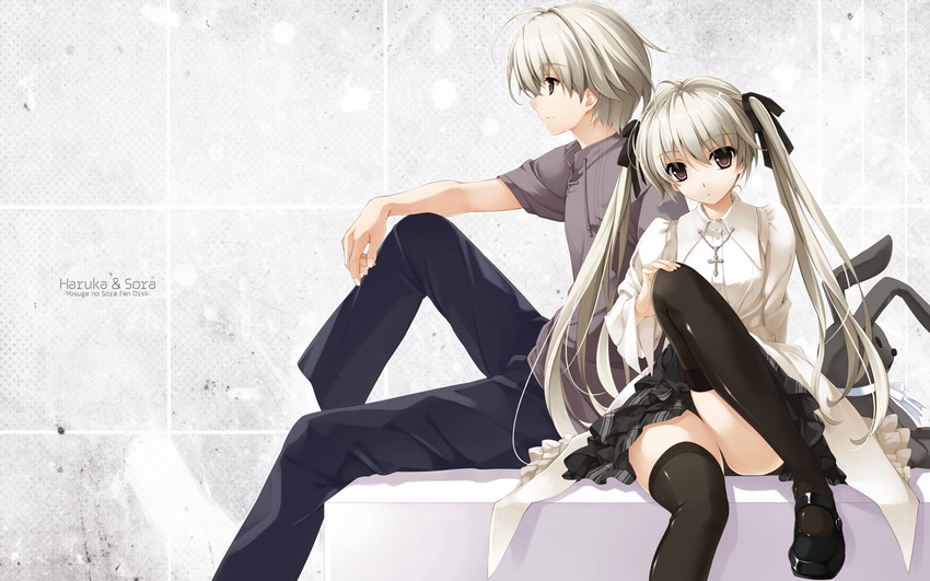 1girl black_legwear brother_and_sister brown_eyes cross hair_ribbon haruka_na_sora highres kasugano_haruka kasugano_sora legs long_hair mary_janes misaki_kurehito ribbon shoes short_hair siblings thighhighs twins twintails wallpaper yosuga_no_sora