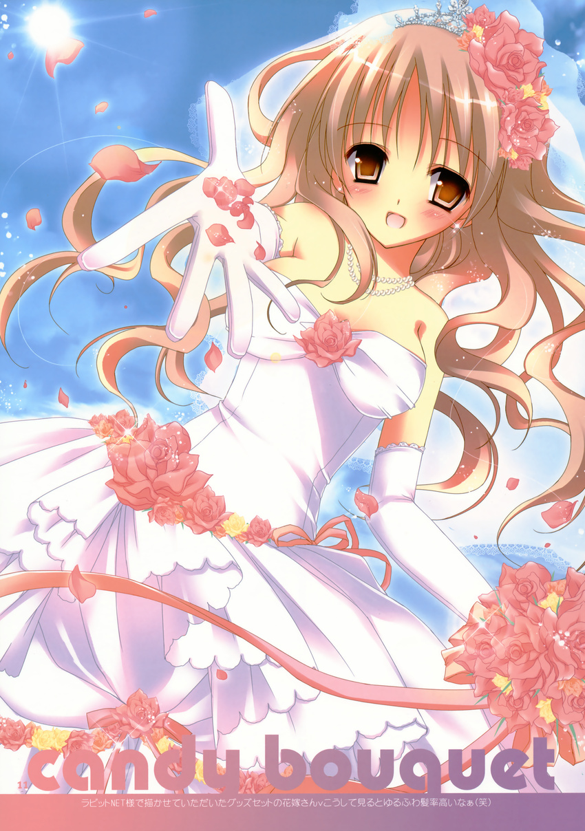 absurdres bouquet brown_eyes brown_hair copyright_request dress elbow_gloves flower gloves highres jewelry natsuki_coco necklace pearl_necklace solo sun tiara veil wedding_dress