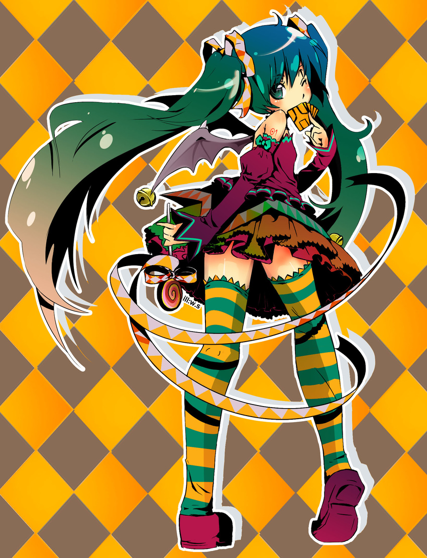 aqua_eyes aqua_hair bat_wings detached_sleeves hatsune_miku highres legs long_hair multicolored multicolored_clothes multicolored_legwear one_eye_closed solo striped striped_legwear thighhighs twintails vocaloid watery_s wings