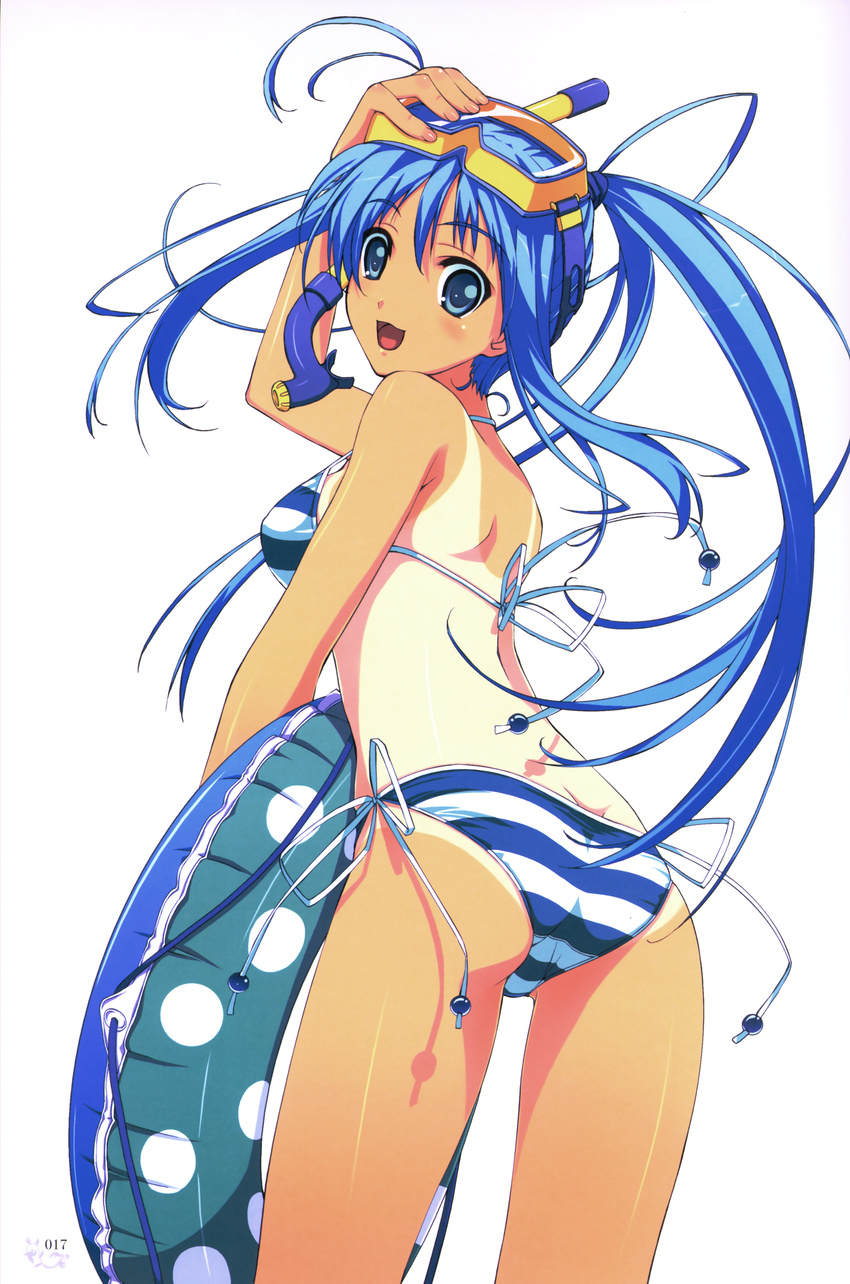 :3 :d absurdres bikini blue_eyes blue_hair copyright_request diving_mask goggles highres huge_filesize innertube long_hair looking_at_viewer looking_back murakami_suigun one-piece_tan open_mouth side-tie_bikini smile snorkel solo striped striped_bikini swimsuit tan tanline