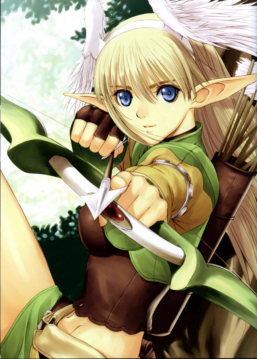 absurdres against_tree aiming aiming_at_viewer armlet arrow bangs beige_jacket beige_skirt belt blonde_hair blue_eyes blurry bow_(weapon) breasts brown_belt brown_choker bustier choker closed_mouth cowboy_shot crop_top cropped_jacket day depth_of_field drawing_bow elf elwing_ra-nah_sylphith feathered_wings fingerless_gloves foreshortening forest from_side gem gloves green_jacket green_skirt hair_between_eyes hairband hand_up head_wings highres holding holding_arrow holding_bow_(weapon) holding_weapon in_tree jacket juliet_sleeves knee_up light_smile long_hair long_pointy_ears long_sleeves looking_at_viewer looking_to_the_side loose_belt medium_breasts midriff miniskirt multicolored multicolored_clothes nature navel official_art open_clothes open_jacket outdoors outstretched_arm pencil_skirt pointy_ears puffy_sleeves quiver ruby_(stone) scan shining_(series) shining_tears sitting sitting_in_tree skirt smile solo straight_hair studded_armlet tanaka_takayuki thighs tree weapon white_hairband white_wings wings