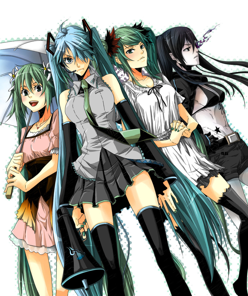 bikini_top black_hair black_legwear black_rock_shooter black_rock_shooter_(character) blue_eyes blue_hair creator_connection dress green_eyes green_hair hair_ornament hair_over_one_eye hatsune_miku highres koi_wa_sensou_(vocaloid) megaphone melt_(vocaloid) multiple_girls necktie open_mouth shorts skirt songover tanba_anko tattoo thighhighs umbrella vocaloid world_is_mine_(vocaloid)