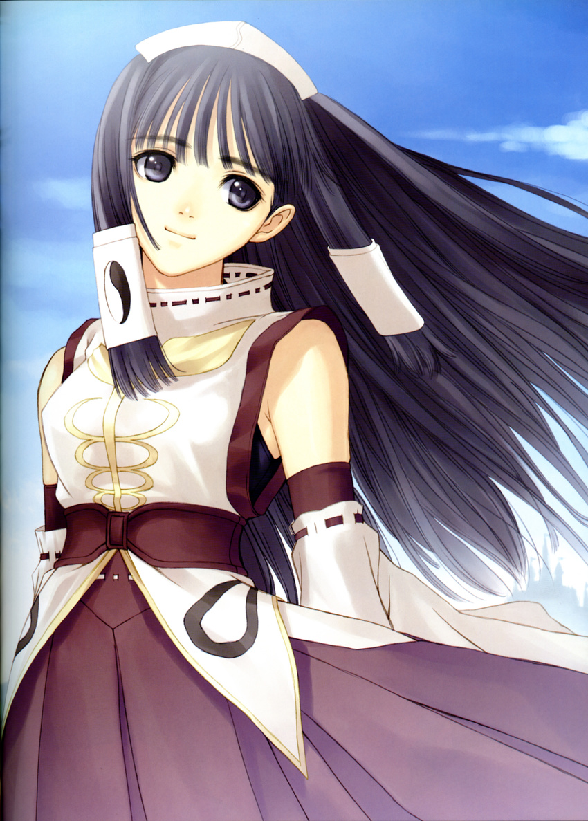 absurdres arms_at_sides bangs black_eyes black_hair blurry breasts brown_sash brown_skirt castle closed_mouth cloud cowboy_shot depth_of_field detached_sleeves eyebrows_visible_through_hair floating_hair from_side hair_tubes hakama halterneck hat head_tilt highres japanese_clothes light_smile long_hair long_skirt long_sleeves looking_at_viewer medium_breasts miko nontraditional_miko official_art outdoors pleated_skirt ribbon-trimmed_shirt ribbon-trimmed_skirt ribbon-trimmed_sleeves ribbon_trim ryuuna_(shining_tears) sash scan shining_(series) shining_tears shirt sidelocks skirt sky smile solo standing straight_hair tanaka_takayuki turtleneck white_hat white_shirt wide_sleeves wind yin_yang