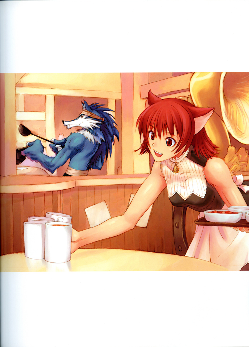 absurdres animal_ears bell bell_collar bent_over carrying cat_ears collar cooking cup headband highres ladle mao_(shining_tears) mug red_eyes red_hair scan shining_(series) shining_tears short_hair table tanaka_takayuki tray volg waitress wolf