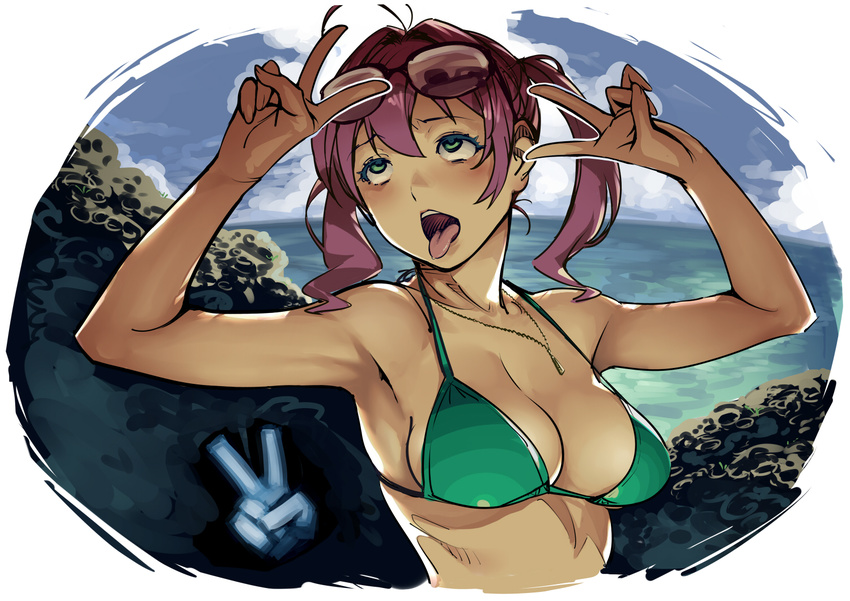 ahegao beach bikini commentary day double_v eyewear_on_head glasses green_eyes implied_sex original pink_hair rolling_eyes short_hair solo swimsuit tongue tongue_out twinpoo twintails v