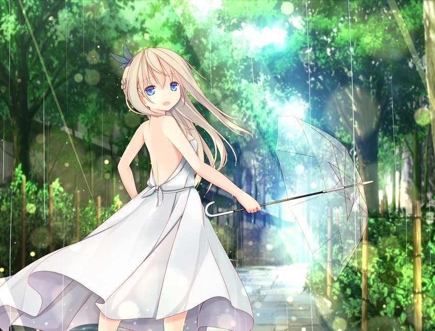 blonde_hair blue_eyes fence highres jyt lexington_(zhan_jian_shao_nyu) light_rays long_hair solo stone_walkway umbrella wind wind_lift zhan_jian_shao_nyu