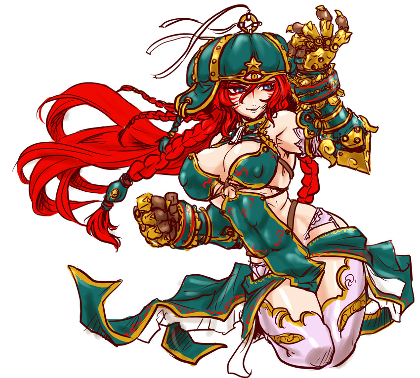 abs alternate_costume armpits blue_eyes braid breasts cleavage clenched_hand commentary_request covered_nipples eyeliner eyeshadow facial_mark garter_belt gauntlets green_hat hair_between_eyes hair_tubes hand_up hat highres hips hong_meiling large_breasts ledjoker07 legs_up long_hair looking_to_the_side makeup multiple_braids muscle muscular_female parted_lips print_legwear puffy_nipples red_hair shiny shiny_skin simple_background sketch smile solo star thighhighs thighs third_eye touhou twin_braids very_long_hair white_background white_legwear