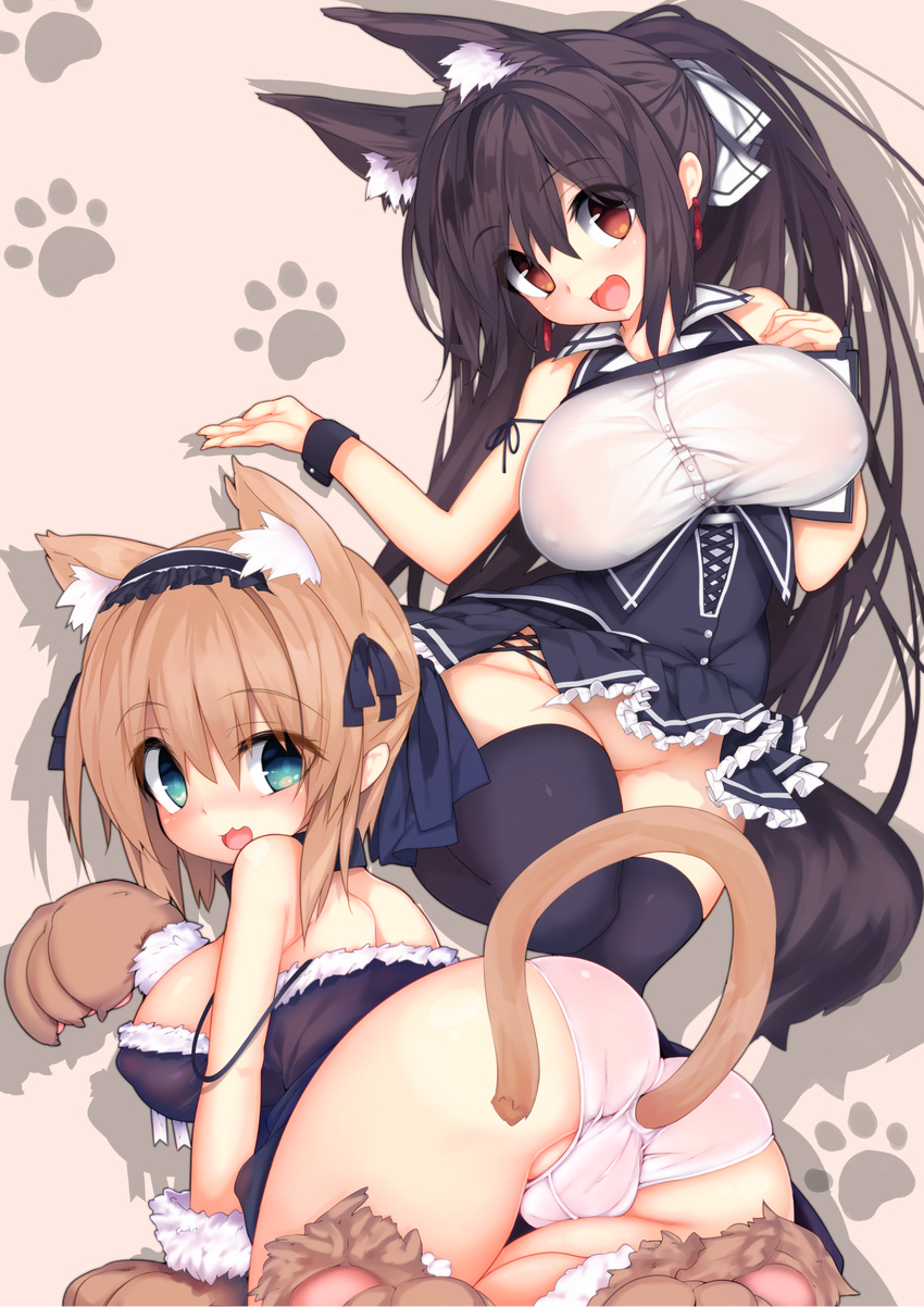 :d anal_tail animal_ears ass black_hair black_legwear blue_eyes blush breasts brown_hair butt_plug cameltoe cat_ears covered_nipples denpaken_pochi fake_tail fox_ears fox_tail gloves hair_ribbon hairband highres large_breasts long_hair looking_at_viewer multiple_girls no_panties open_mouth original panties paw_gloves paw_print paw_shoes paws pink_panties ponytail red_eyes ribbon shoes short_hair simple_background smile strap_slip tail thighhighs underwear wrist_cuffs