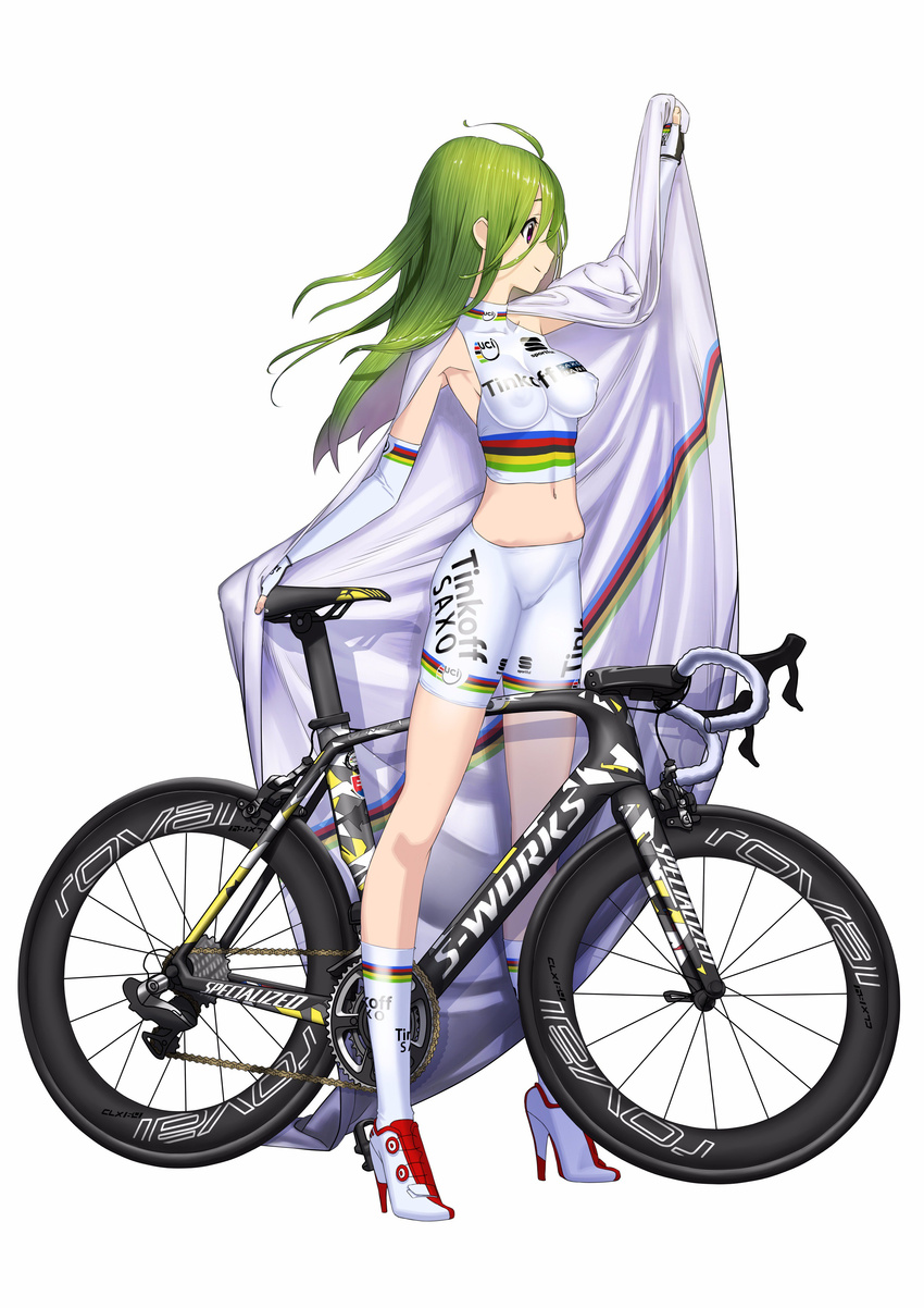 absurdres ahoge arm_up armpits bare_shoulders between_breasts bicycle bike_shorts biker_clothes blush breasts clothes_writing copyright_request covered_nipples elbow_gloves fingerless_gloves flag full_body gloves green_hair ground_vehicle high_heels highres hitomi_kazuya kneehighs logo long_hair medium_breasts midriff navel nipples purple_eyes see-through shoes simple_background skin_tight smile solo standing stomach white_background white_footwear white_gloves white_legwear