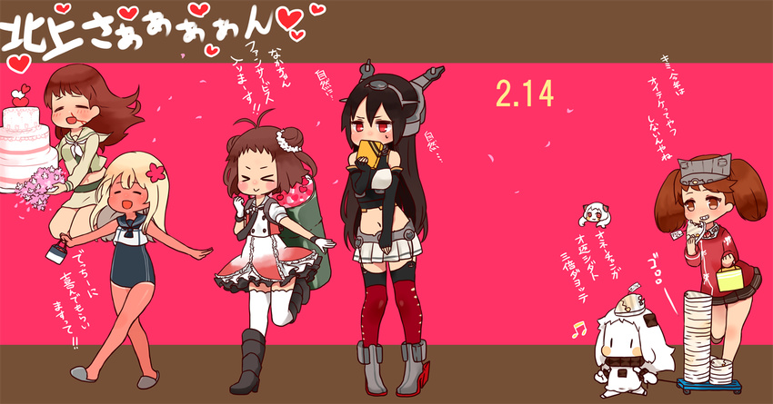 &gt;_&lt; :d ^_^ ahoge airfield_hime antenna_hair black_hair box brown_eyes brown_hair chibi closed_eyes double_bun dress flower gift gift_box grin hair_flower hair_ornament headgear holding horns japanese_clothes kantai_collection kariginu kobone long_hair mittens multiple_girls nagato_(kantai_collection) naka_(kantai_collection) northern_ocean_hime ooi_(kantai_collection) open_mouth pleated_skirt red_eyes remodel_(kantai_collection) ro-500_(kantai_collection) ryuujou_(kantai_collection) school_swimsuit school_uniform serafuku shinkaisei-kan silver_hair size_difference skirt smile swimsuit swimsuit_under_clothes tan tanline translation_request twintails valentine visor_cap white_dress white_hair white_skin |_|