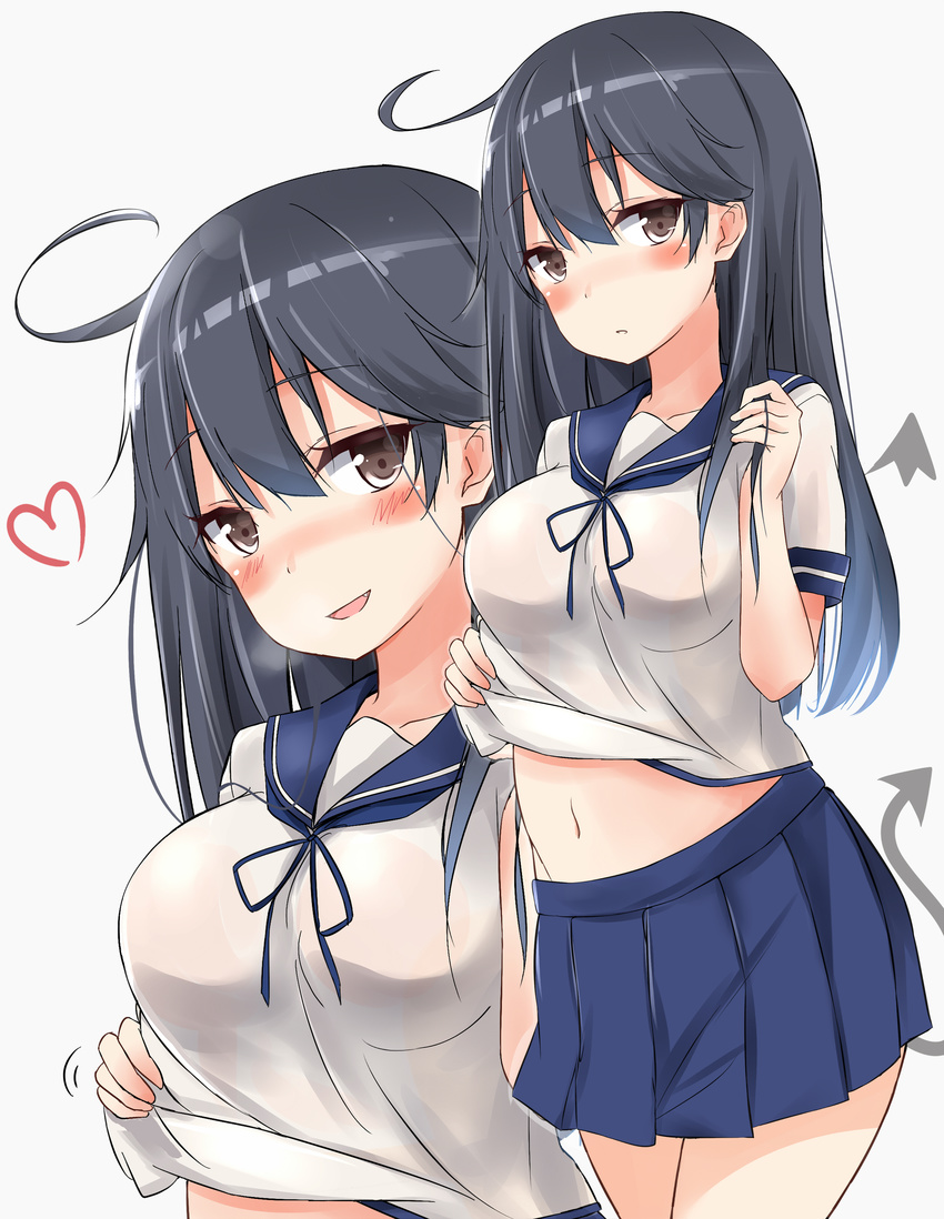 :d absurdres ahoge black_eyes black_hair blush breasts come_hither heart highres kantai_collection large_breasts long_hair looking_at_viewer navel open_mouth pleated_skirt saku_(kudrove) school_uniform serafuku skirt smile solo ushio_(kantai_collection) zoom_layer