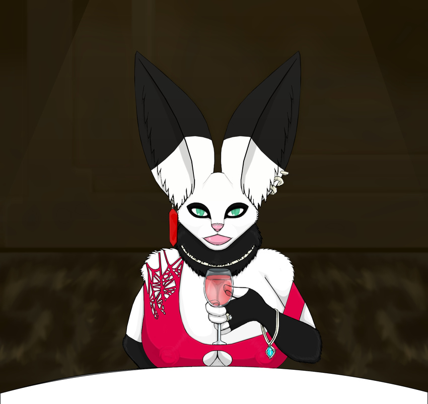 alcohol animal_humanoid anthro beverage big_breasts big_lips blair_(titankerberos) breasts cleavage cloth clothed clothing curvaceous dinner dress ear_piercing female first_person_view food fur gloves_(markings) green_eyes huge_breasts humanoid jewelry lagomorph lips mammal neck_tuft necklace piercing pink_lips rabbit_humanoid ring simple_background titankerberos tuft voluptuous wine wolf-tailed_hare