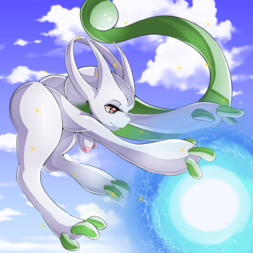 2016 alternate_color anthro anthrofied areola breasts butt cloud energy female green_skin half-closed_eyes hi_res horn mega_evolution mega_mewtwo mega_mewtwo_y nintendo nipples nude outside pok&eacute;mon pok&eacute;morph red_eyes shiny_pok&eacute;mon sky small_breasts smile solo suddenhack video_games white_skin