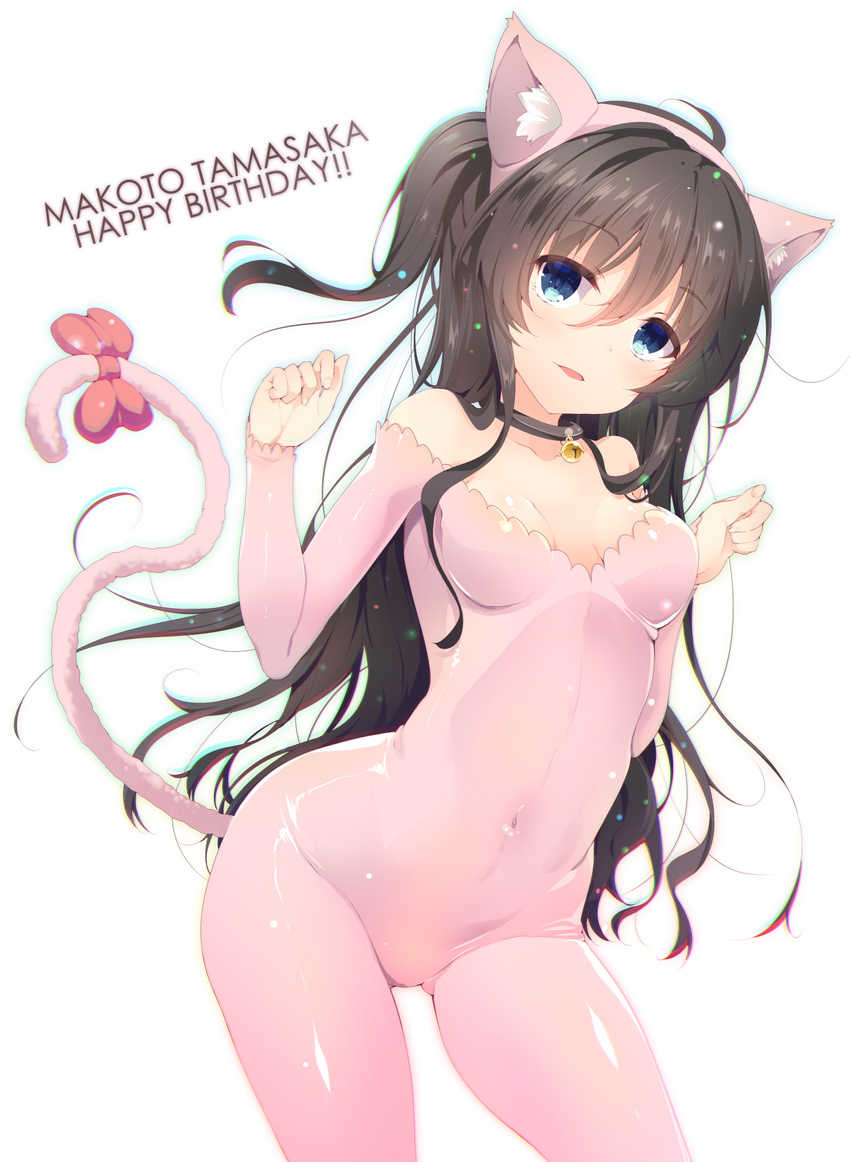 1girl akahito alternate_costume animal_ears bangs bare_shoulders bell bell_collar black_hair blush bodysuit bow breasts cat_ears cat_girl cat_tail character_name collar collarbone covered_navel cowboy_shot english eyebrows eyebrows_visible_through_hair fake_animal_ears hair_between_eyes hairband happy_birthday highres jingle_bell long_hair looking_at_viewer one_side_up parted_lips pink_bodysuit red_bow shiny shiny_clothes simple_background small_breasts solo tail tail_bow tamasaka_makoto text_focus tokyo_7th_sisters white_background