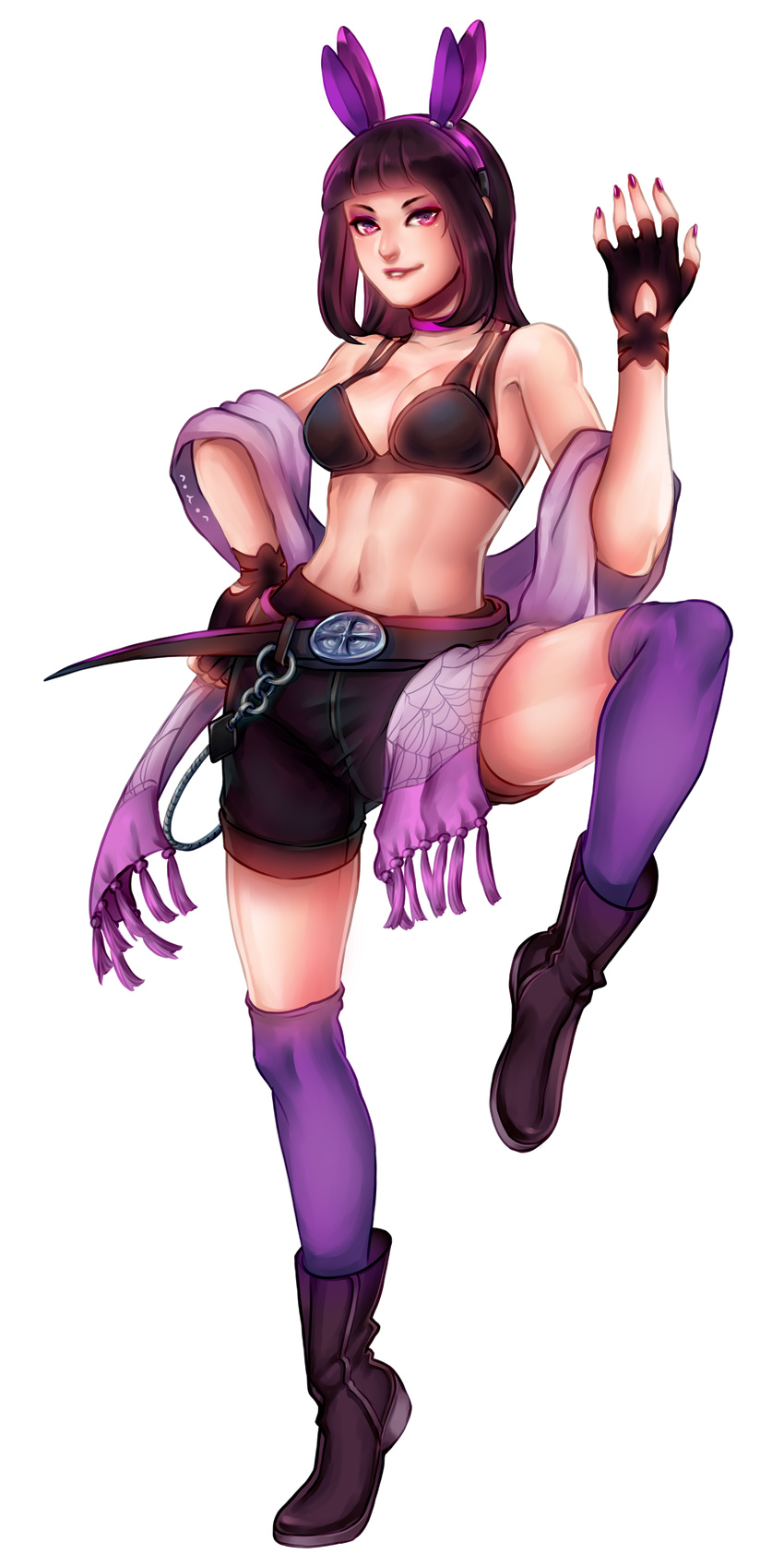 alternate_costume bra breasts capcom cleavage fingerless_gloves full_body gloves hagoromo hammustar han_juri purple_hair shawl shorts solo street_fighter street_fighter_iv super_street_fighter_iv