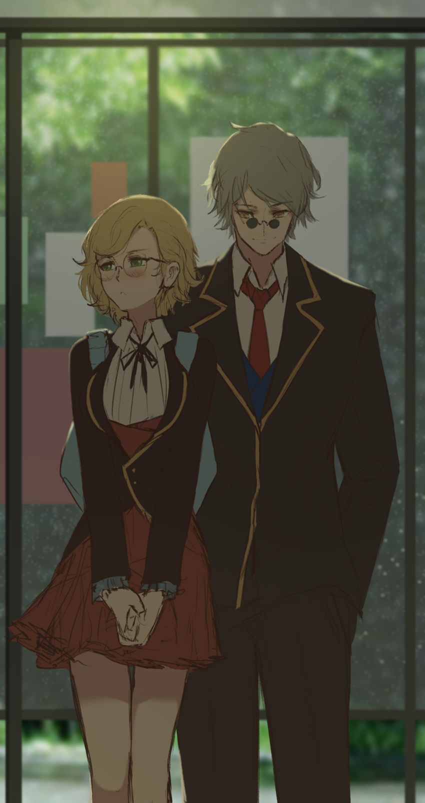 1boy 1girl absurdres backpack bag black_jacket black_pants blonde_hair blush bus_stop collared_shirt commentary dishwasher1910 feet_out_of_frame frown glasses glynda_goodwitch green_eyes green_hair grey_hair hand_in_pocket hands_together highres jacket long_sleeves looking_away neck_ribbon necktie pants pince-nez professor_ozpin red_neckwear red_skirt ribbon rimless_eyewear round_eyewear rwby school_uniform shirt short_hair skirt smile smirk standing sunglasses v_arms white_shirt window yellow_eyes younger