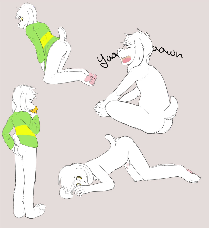 anthro asriel_dreemurr ass_up balls barefoot bottomless butt caprine clothed clothing cub eyes_closed flaccid flat_colors goat kneeling lying male mammal multiple_images on_front open_mouth pawpads penis rear_view shirt sitting solo standing toybadgers uncut yawn young