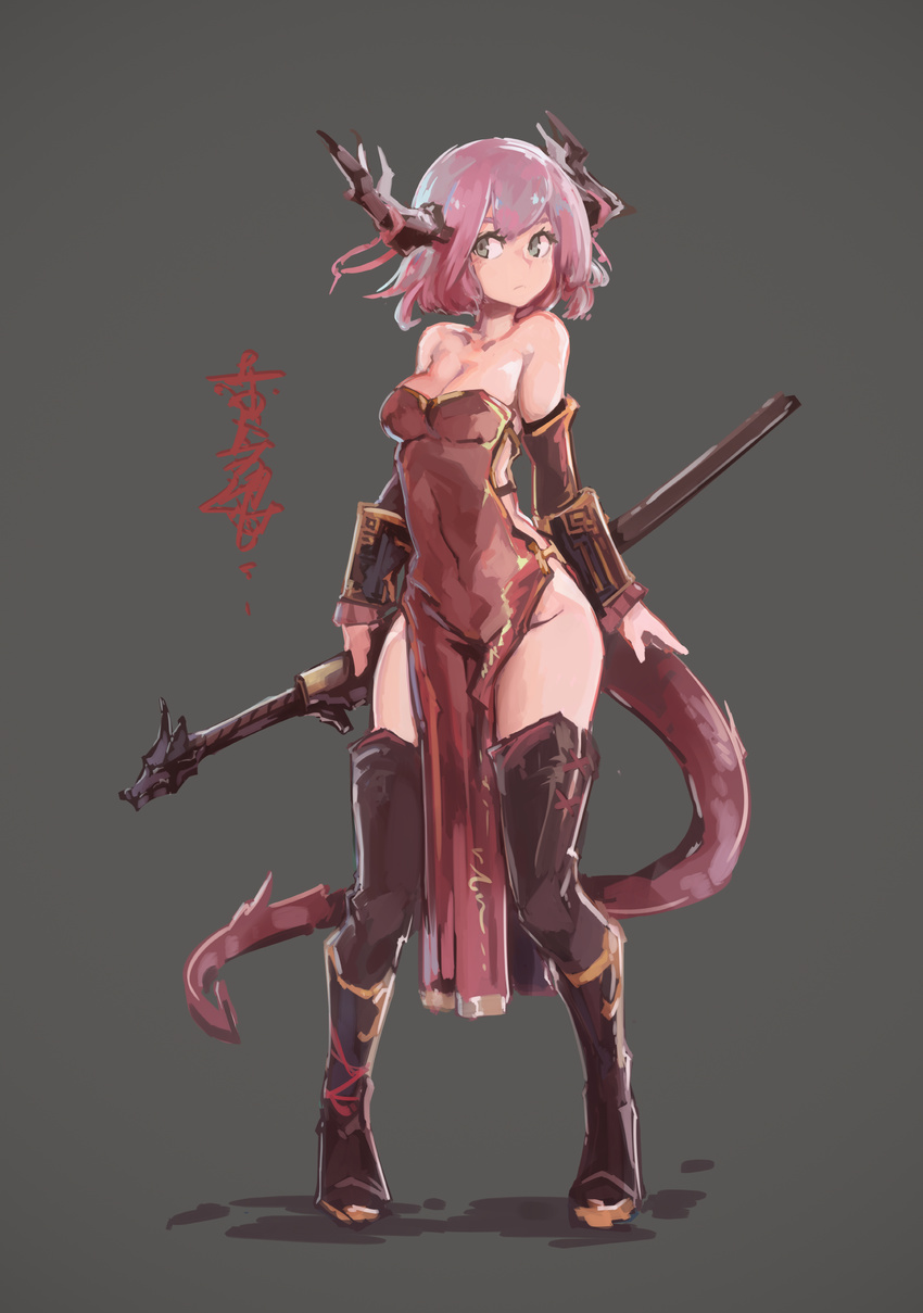 absurdres black_legwear boots breasts cleavage deel_(rkeg) detached_sleeves dragon_girl dragon_horns dragon_tail dress grey_background grey_eyes highres horns knee_boots medium_breasts no_panties original pelvic_curtain pink_hair prototype sheath sheathed side_slit solo strapless strapless_dress tail thighhighs weapon ying_(deel)