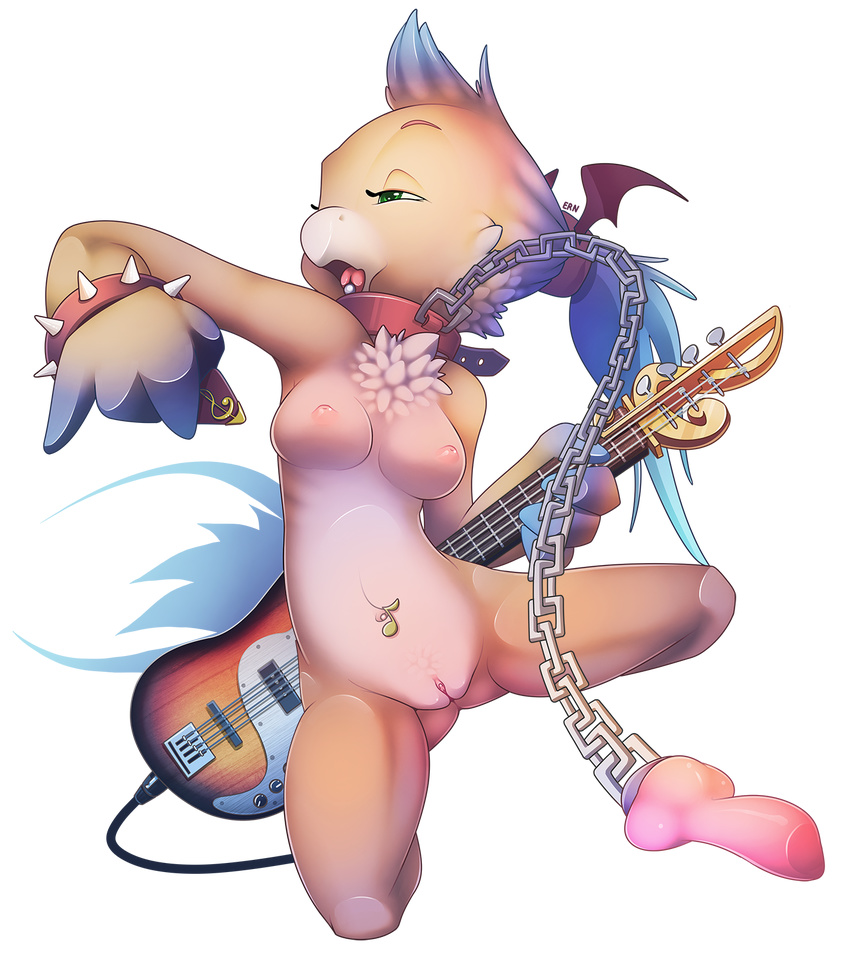 action_pose anthro avian b-ern bdsm beak bird bondage bound breasts chain collar dildo feathers female guitar holding_object holding_weapon music musical_instrument nude open_mouth piercing punk purple_feathers pussy sex_toy solo weapon