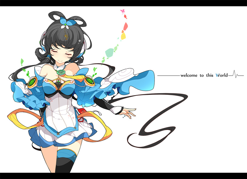 bare_shoulders black_hair butterfly_hair_ornament closed_eyes hair_ornament hair_rings hair_tubes ideolo luo_tianyi simple_background smile solo thighhighs twintails vocaloid vocanese white_background
