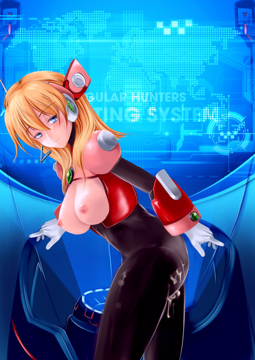 1girl alia_(rockman) android bangs bent_over blonde_hair blue_eyes breasts breasts_outside cum cum_on_ass cum_on_clothes eyebrows_visible_through_hair framed_breasts gloves headgear large_breasts long_hair microphone nipple robot_ears solo white_gloves