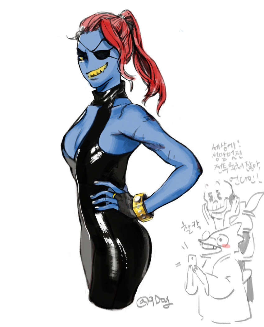 2016 9dog anthro blue_skin breasts cleavage clothed clothing eye_patch eyewear fangs female fish grin hair hand_on_hip hi_res long_hair marine ponytail red_hair rubber scar simple_background standing text tight_clothing translation_request undertale undyne video_games