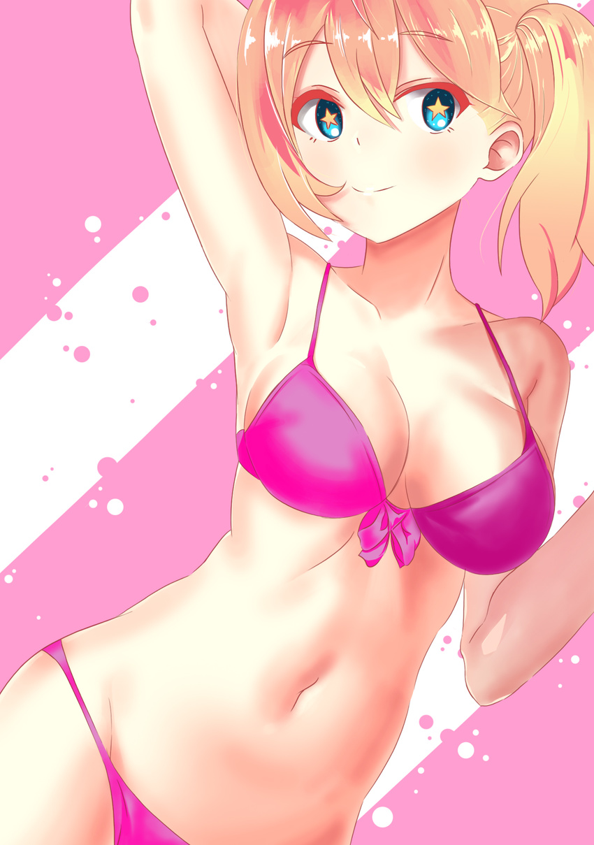 bad_id bad_pixiv_id bikini blonde_hair blue_eyes breasts cleavage frederica_(onestar) frederica_irving highres looking_at_viewer medium_breasts pink_bikini sekaiju_no_meikyuu shin_sekaiju_no_meikyuu smile solo star star-shaped_pupils swimsuit symbol-shaped_pupils twintails