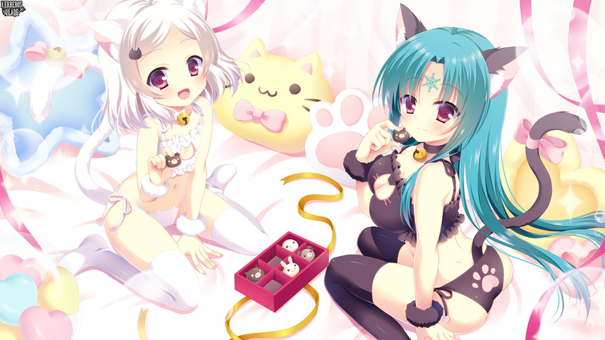 1girl :d albino animal_ears arm_at_side back bangs bear bell bell_choker between_legs black_legwear black_panties blue_hair bow box breasts bunny candy cat_cutout cat_ear_panties cat_ears cat_hair_ornament cat_lingerie cat_paws cat_pillow cat_tail catboy character_request chocolate choker cleavage_cutout closed_mouth eyebrows eyebrows_visible_through_hair facial_mark food forehead_mark frills from_above fur_trim gift gift_box hair_ornament hairclip hand_between_legs heart heart_pillow highres holding holding_food jingle_bell kerberos_blade long_hair looking_at_viewer medium_breasts meme_attire navel no_shoes on_bed open_mouth otoko_no_ko panties parted_bangs paws pillow pink_bow pink_ribbon purple_eyes red_eyes ribbon side-tie_panties sitting small_breasts smile sparkle star_pillow stomach sweets swept_bangs tail tail_bell underwear underwear_only wariza white_day white_hair white_legwear white_panties wrist_cuffs yellow_ribbon yuyumatsu