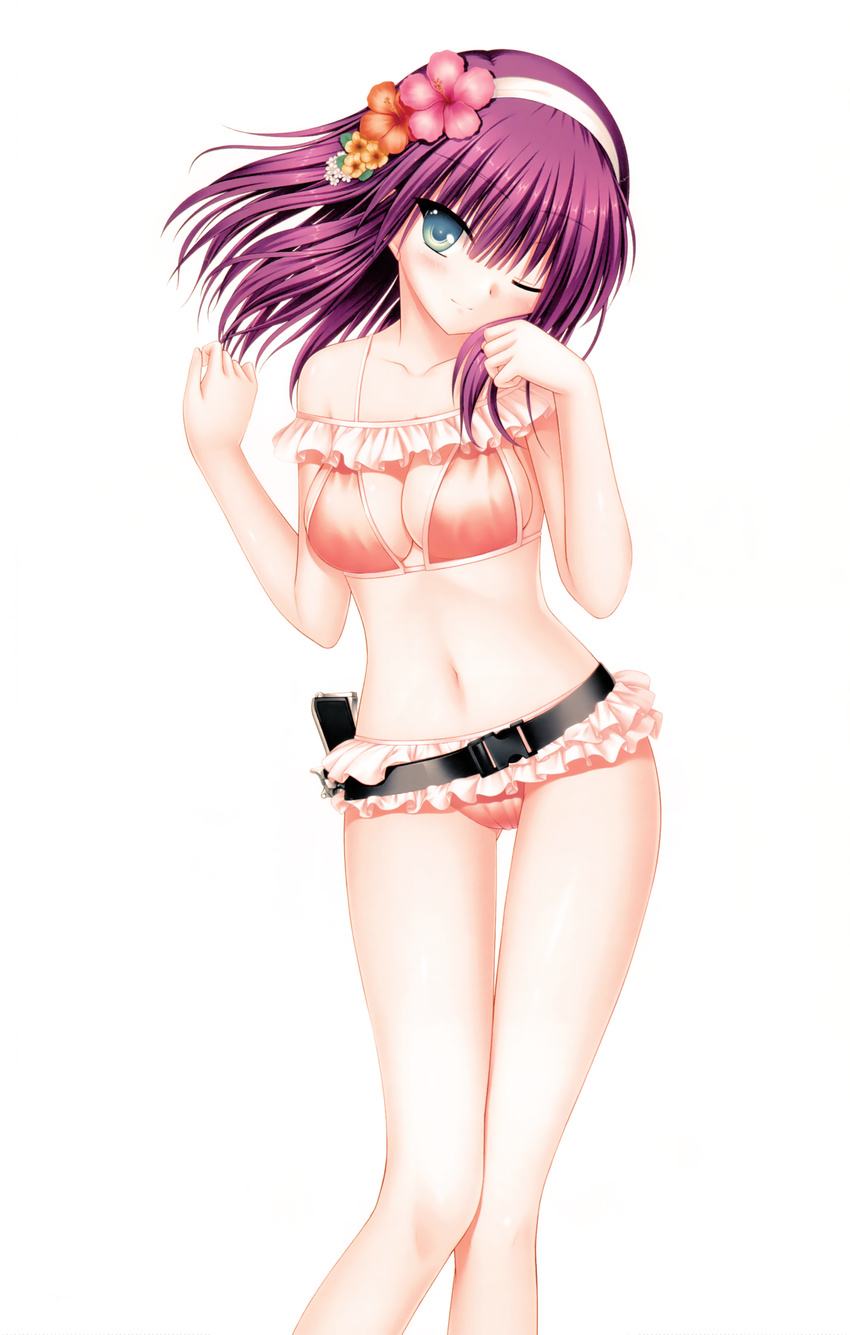 ;) absurdres angel_beats! bangs bare_arms bare_legs bare_shoulders belt bikini blue_eyes blunt_bangs blush breasts buckle cleavage cleavage_cutout collarbone contrapposto eyebrows eyebrows_visible_through_hair flower frilled_bikini frills gun hair_flower hair_ornament hairband handgun hands_up head_tilt hibiscus highres holster looking_at_viewer loose_belt medium_breasts na-ga one_eye_closed orange_bikini pink_hair pistol short_hair simple_background smile solo standing swimsuit tareme thigh_gap weapon white_background yuri_(angel_beats!)