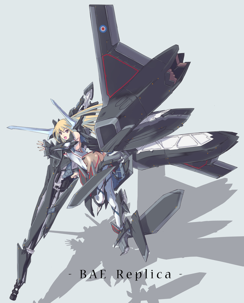 :d ass bae_replica blonde_hair bridal_gauntlets fishnets high_heels highres jet_engine long_hair looking_back mecha_musume nenchi open_mouth original personification red_eyes skin_tight smile solo wings