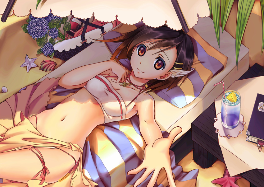 bikini black_hair brown_eyes clam deanna flower looking_at_viewer lying muta navel reaching short_hair smile solo starfish swimsuit yan_xi