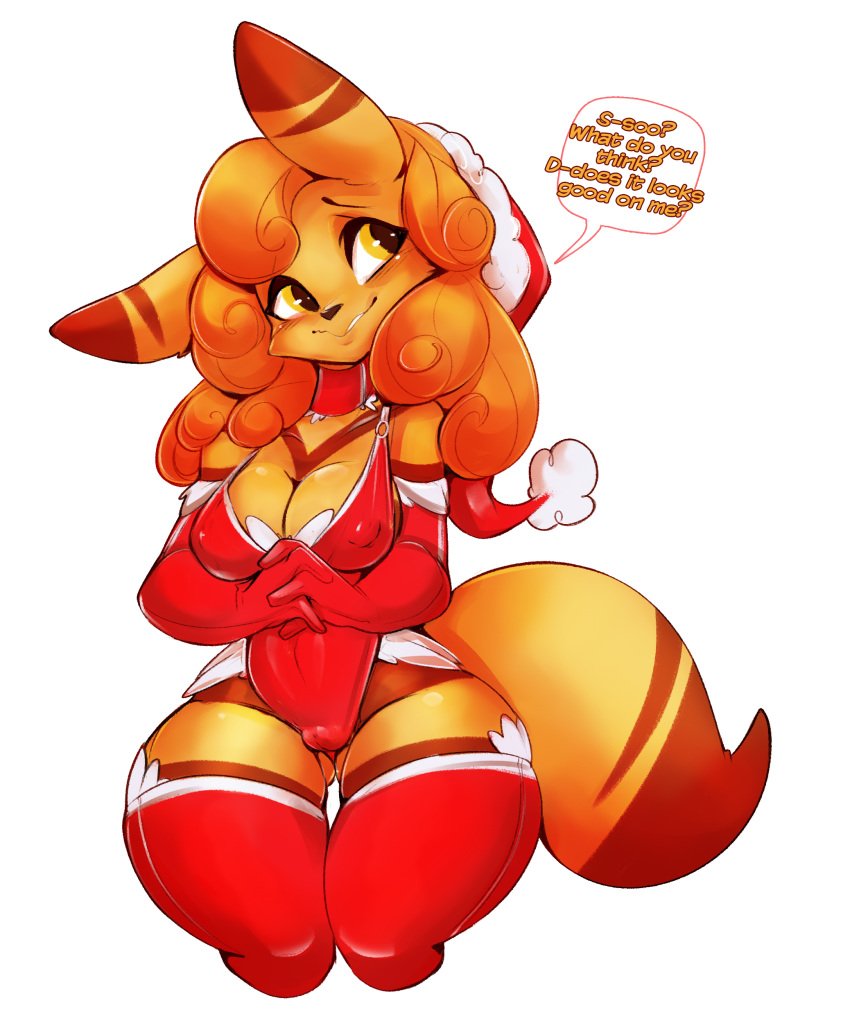 2018 anthro armwear black_nose breasts camel_toe choker christmas cleavage clothed clothing costume dialogue elbow_gloves english_text female gloves hair hands_together hat hi_res holidays hybrid interlocked_fingers kangaroo legwear long_hair mammal marsupial nipple_bulge orange_hair portrait santa_costume santa_hat simple_background solo speech_bubble spirale spirale_(character) text thick_thighs thigh_highs three-quarter_portrait white_background yellow_eyes