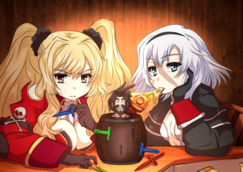 2girls anne_bonny_(fate/grand_order) black_hair blonde_hair edward_teach_(fate/grand_order) fate/grand_order fate_(series) food grimjin mary_read_(fate/grand_order) multiple_girls object_namesake pizza pop-up_pirate scar twintails white_hair