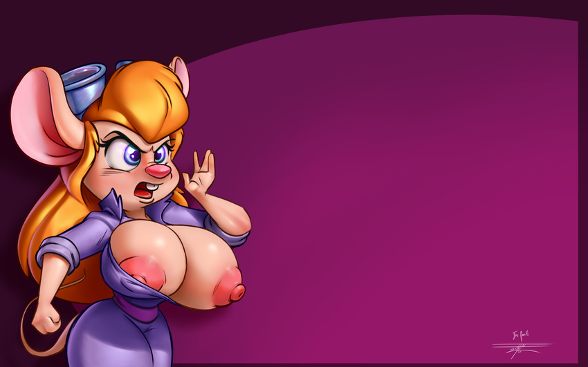2016 angry anthro big_breasts blonde_hair blue_eyes breasts buckteeth chip_'n_dale_rescue_rangers clothing collaboration disney erect_nipples eyelashes eyewear female gadget_hackwrench goggles hair hi_res joelasko long_hair mammal mouse nipple_slip nipples open_mouth rodent simple_background solo teeth wallpaper wardrobe_malfunction white-devil