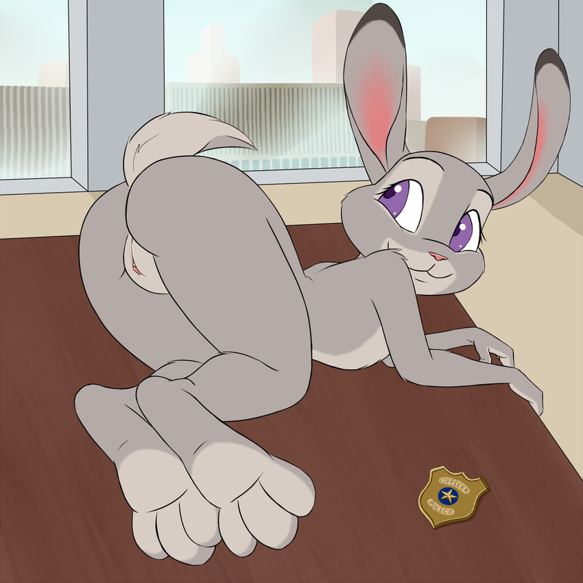 anthro ass_up badge butt clitoris disney evilymasterful eyelashes female fur grey_fur inviting judy_hopps lagomorph long_ears looking_back lying mammal nude presenting presenting_hindquarters purple_eyes pussy rabbit smile solo table white_fur window zootopia