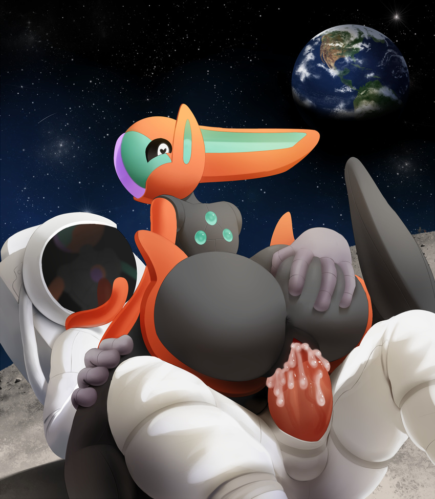 1girl alien alternate_form anus ass ass_grab astronaut black_sky bulge clothed_sex cowgirl_position creature cum cum_in_pussy deoxys earth erection from_behind gen_3_pokemon girl_on_top heart heart-shaped_pupils hetero highres huge_ass interspecies looking_at_viewer looking_back manene moon penis pokemon pokemon_(creature) pussy reflection reflective_visor sex shooting_star sky space spacesuit star_(sky) starry_sky straddling symbol-shaped_pupils testicles uncensored vaginal