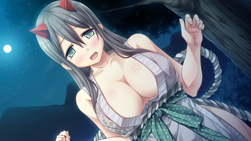 :d arms_up bangs bare_arms bare_shoulders blush breasts bush cleavage collarbone cura dutch_angle eyebrows_visible_through_hair eyes_visible_through_hair fingernails floral_print full_moon game_cg green_eyes grey_hair hair_between_eyes half-closed_eyes highres japanese_clothes large_breasts long_hair looking_at_viewer monobeno moon mountain night night_sky obi obijime open_mouth outdoors parted_bangs rope sash shimenawa shiny shiny_skin sky smile solo star_(sky) starry_sky sweat tareme teeth thighs tooko_(monobeno) tree upper_body