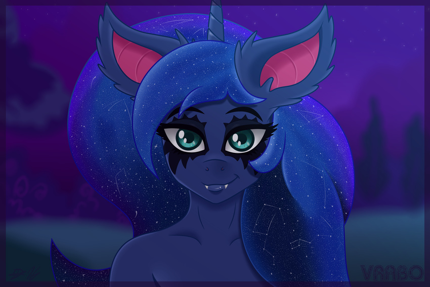 2016 ambiguous_gender anthro bat_pony blue_eyes blue_skin equine fangs female fluffy friendship_is_magic hi_res horn horse invalid_background lip_shine looking_at_viewer mammal my_little_pony night pony portrait princess_luna_(mlp) smile standing star tattoo vrabo