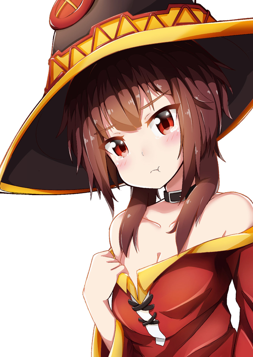 breasts brown_hair cleavage collar collarbone hat highres kono_subarashii_sekai_ni_shukufuku_wo! megumin pout red_eyes small_breasts solo sylphine tears white_background witch_hat