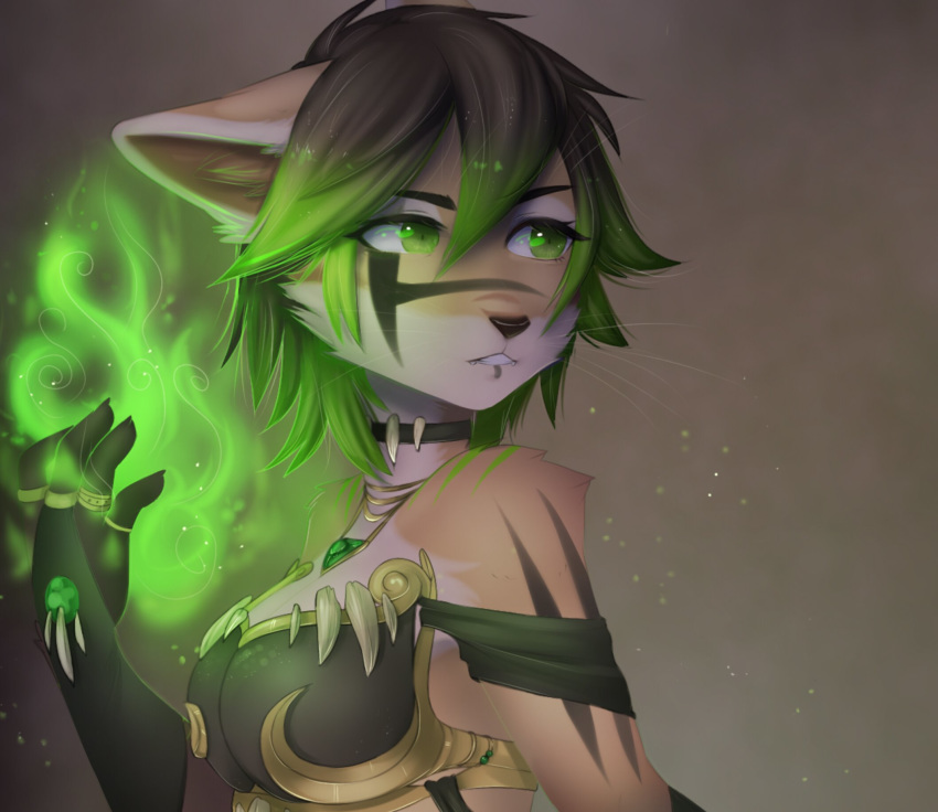 2018 anthro black_nose breasts brown_fur cat clothed clothing digital_media_(artwork) feline female fur green_eyes green_hair hair mammal nayel-ie solo standing