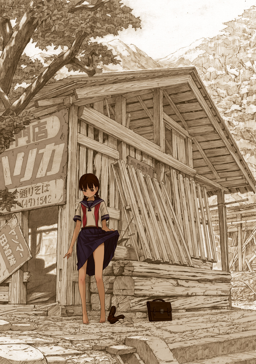absurdres bag barefoot black_skirt blush braid brown_eyes brown_hair day full_body highres huge_filesize loafers low_twintails monochrome_background naruko_hanaharu original outdoors plant ruins school_bag school_uniform shack shoes shoes_removed skirt skirt_lift solo standing traditional_media tree twin_braids twintails untied