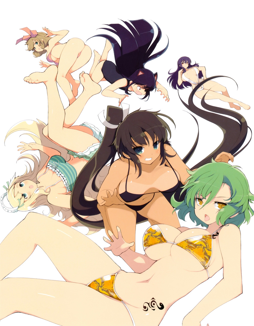 6girls barefoot bikini black_hair breasts dark_skin feet female green_hair hair_ribbon haruka_(senran_kagura) hikage_(senran_kagura) homura_(senran_kagura) large_breasts long_hair mirai_(senran_kagura) multiple_girls ponytail ribbon scan senran_kagura short_hair simple_background smile solo suzune_(senran_kagura) swimsuit white_background yomi_(senran_kagura)