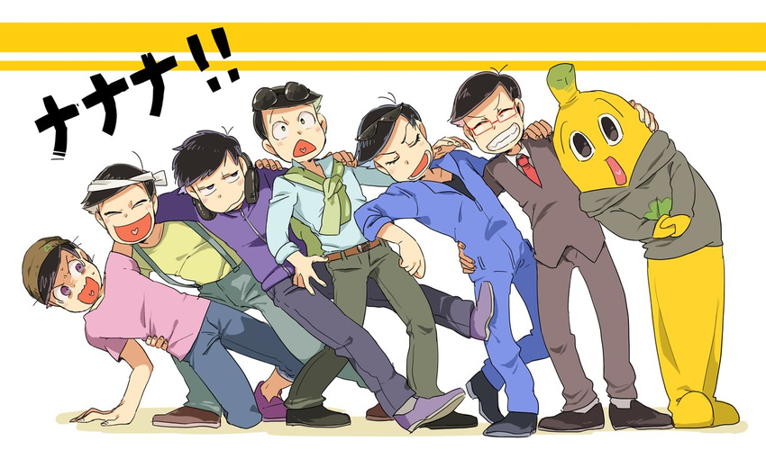 alternate_costume arm_support beanie black_hair brothers character_name eyewear_on_head formal glasses hat headband headphones headphones_around_neck heart heart_in_mouth hood hoodie jacket jumpsuit lineup male_focus matsuno_choromatsu matsuno_ichimatsu matsuno_juushimatsu matsuno_karamatsu matsuno_osomatsu matsuno_todomatsu mitei multiple_boys nanana_(tv_tokyo) osomatsu-kun osomatsu-san overalls red-framed_eyewear sextuplets shirt siblings smile suit sunglasses surprised t-shirt triangle_mouth tv_tokyo