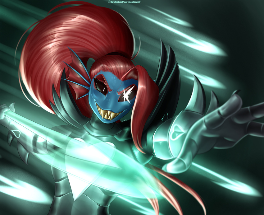 &lt;3 2016 anthro armor black_background black_sclera blue_skin clothed clothing doomthewolf energy english_text female fin fish hair hi_res long_hair marine melee_weapon polearm ponytail red_hair sharp_teeth signature simple_background smile solo spear teeth text undertale undyne undyne_the_undying video_games weapon white_eyes