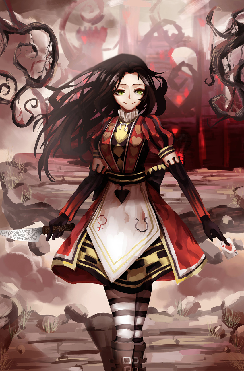 1girl alice:_madness_returns alice_in_wonderland alice_liddell american_mcgee's_alice american_mcgee's_alice black_hair boots castle green_eyes knife long_hair muye playing_card red_dress smile striped_legwear thighhighs