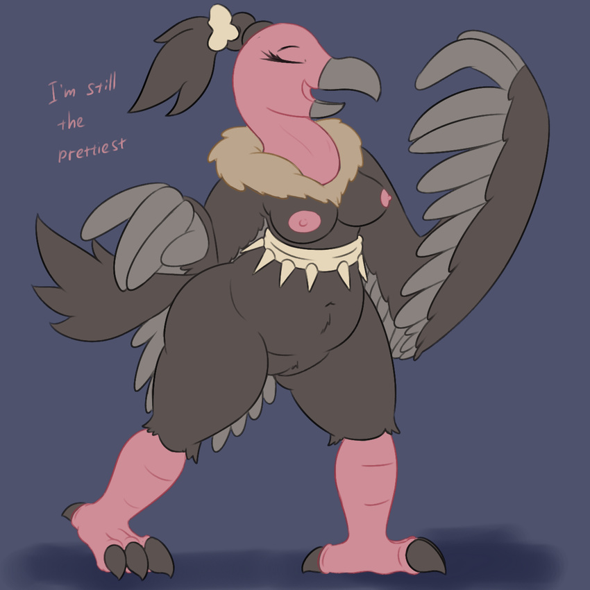 anthro areola avian beak bird bone breasts buzzard claws english_text erect_nipples eyelashes eyes_closed feathers female fluffy fur grey_fur hi_res invalid_tag mandibuzz navel nintendo nipples nude open_mouth pink_skin pok&eacute;mon posexe pussy simple_background smile solo standing text thick_thighs toe_claws video_games voluptuous vulture wide_hips wings