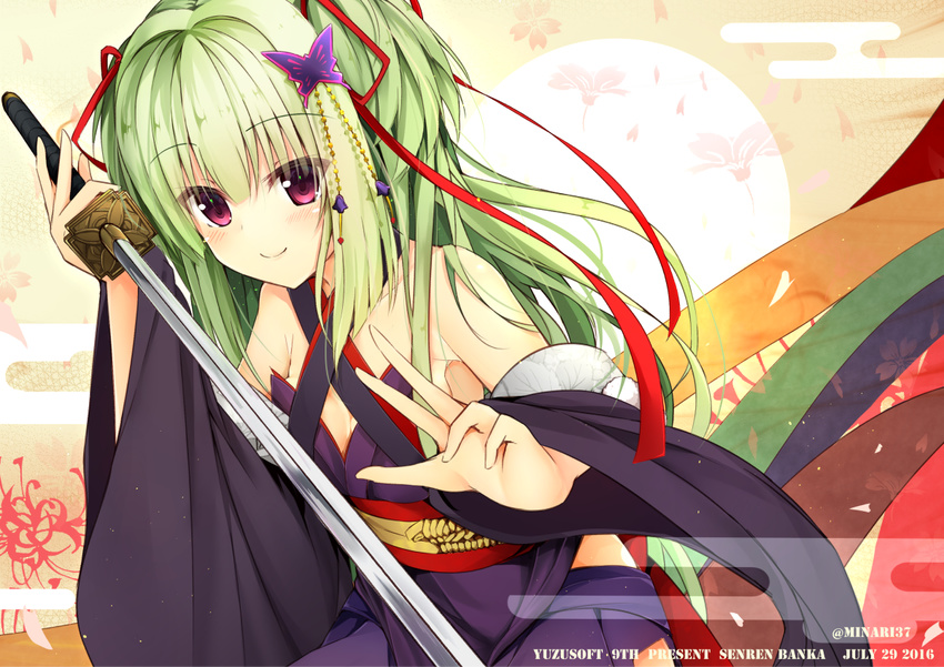 bad_id bad_pixiv_id breasts butterfly_hair_ornament cleavage dated egasumi eyebrows_visible_through_hair green_hair hair_ornament hair_ribbon holding holding_sword holding_weapon katana long_hair minari_(minari37) murasame_(senren) red_eyes red_ribbon ribbon senren_banka small_breasts smile solo sword twitter_username weapon yuzu-soft